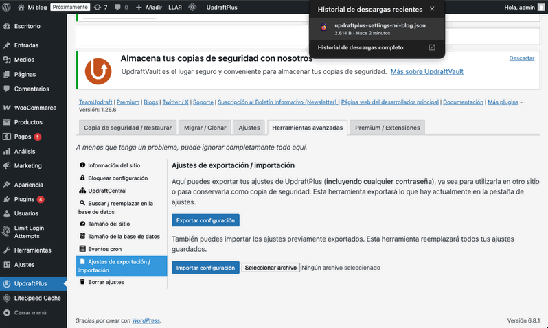 Ajustes de exportación/importación
