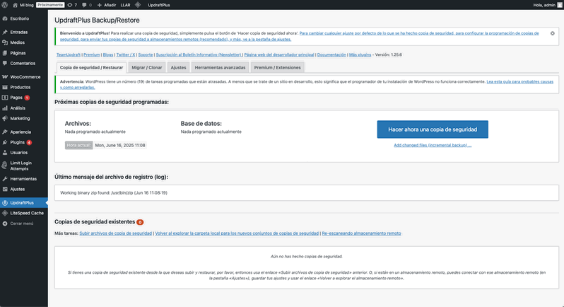 Copia de seguridad manual con Updraftplus