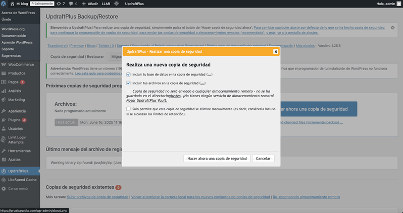 copia de seguridad manual con Updraftplus