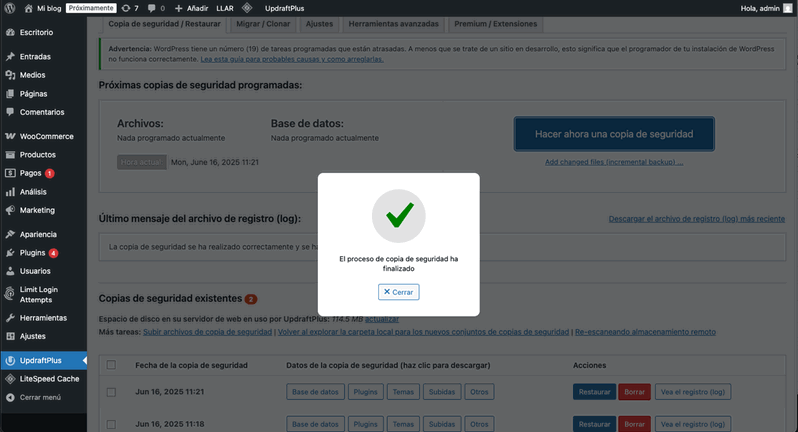 copia de seguridad exitosa con Updraftplus