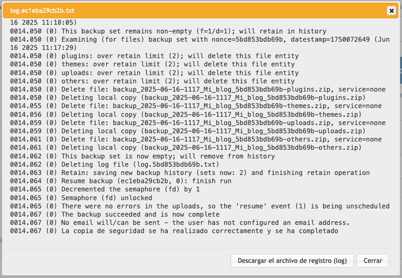 log de copia de seguridad exitosa con Updraftplus