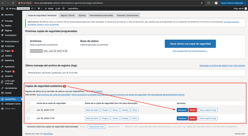 restaurar una copia de seguridad con Updraftplus
