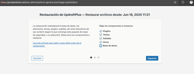 restauración completa de Updraftplus