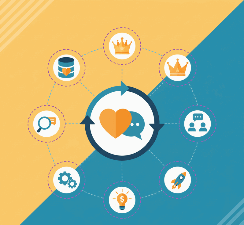 Ilustración del ciclo de ventajas del marketing relacional, con símbolos de conexión, crecimiento y fidelización del cliente.