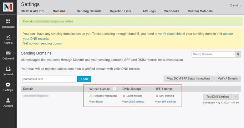 Verificación del dominio y configuración de SPF y DKIM en el panel de control de Mandrill