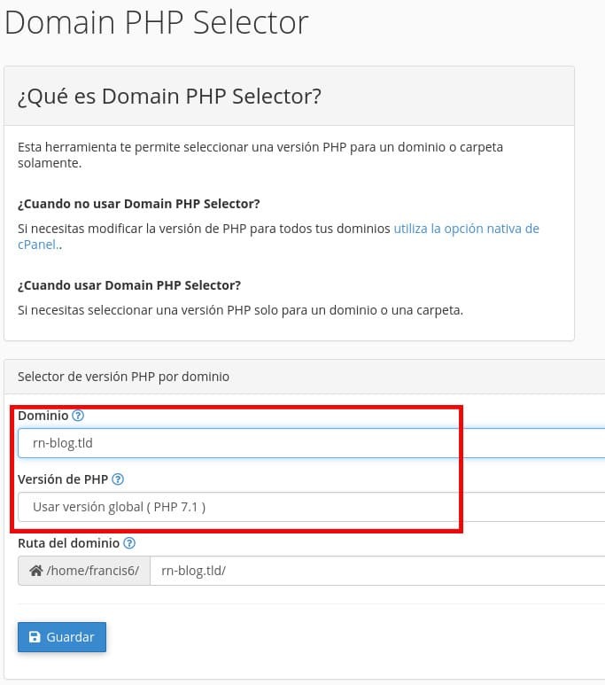Seleccionar versión PHP por dominio en cPanel