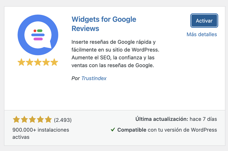Plugin Widgets for Google Reviews de Trustindex en WordPress.org con 900.000 instalaciones