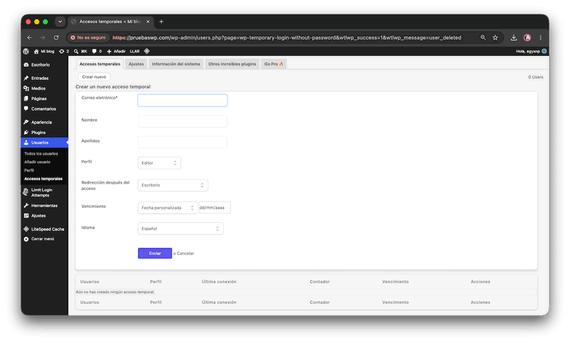 Formulario del plugin Temporary Login Without Password para crear un acceso temporal en WordPress