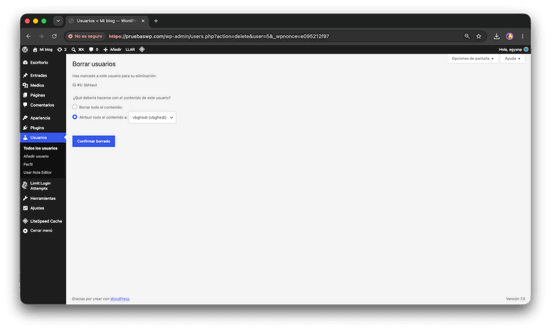 Pantalla de WordPress para borrar un usuario, con la opción de conservar o eliminar su contenido