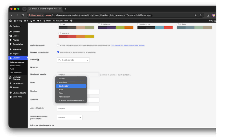 Menú desplegable de perfil al editar un usuario en WordPress para cambiarle el rol