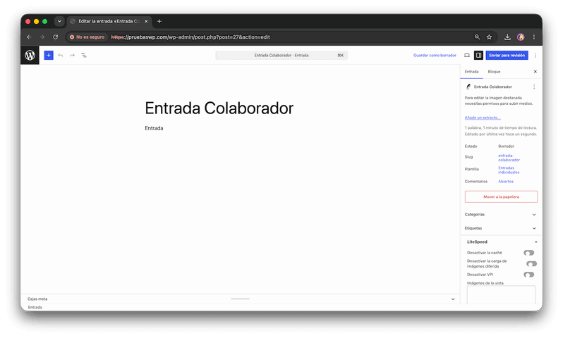 Editor de WordPress con el botón Enviar para revisión que ve el rol Colaborador en lugar de Publicar