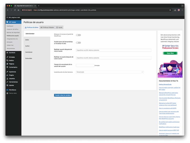 Políticas de usuario wp cerber