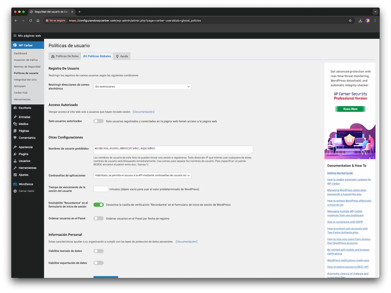 Políticas globales wp cerber