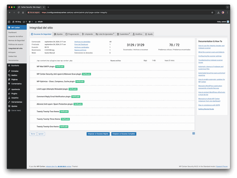 Integridad del sitio wp Cerber