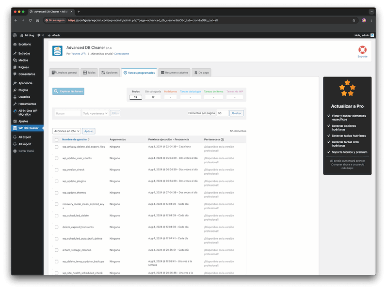 limpiar las tareas cron el plugin Advanced Database Cleaner