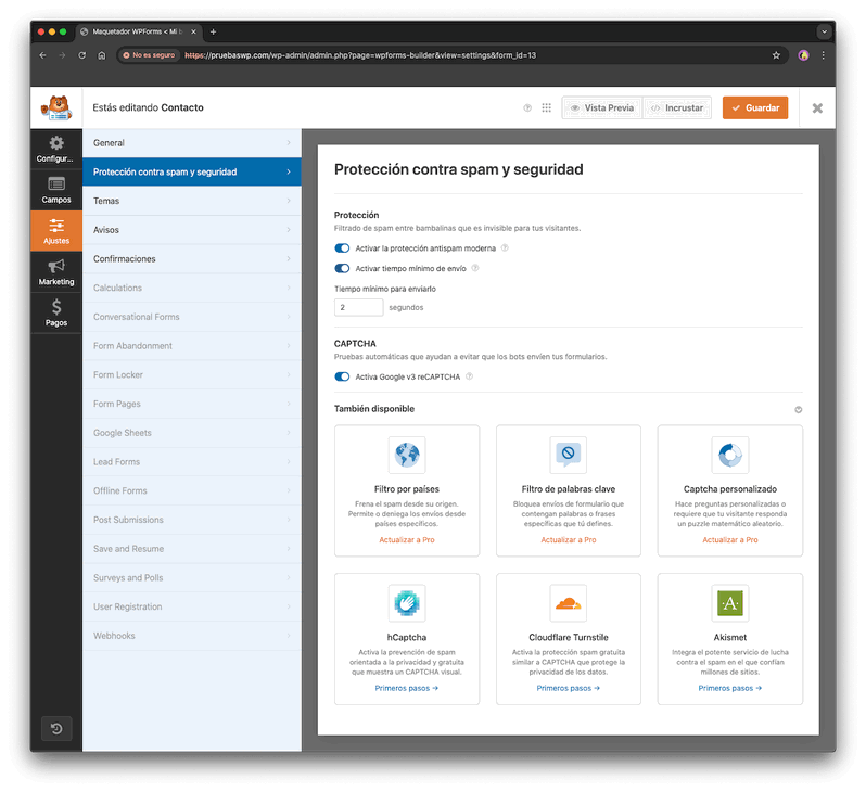 protección antispam y seguridad de WPForms