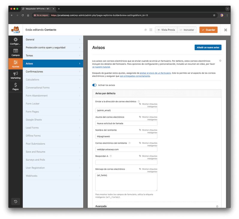 Avisos en WPForms