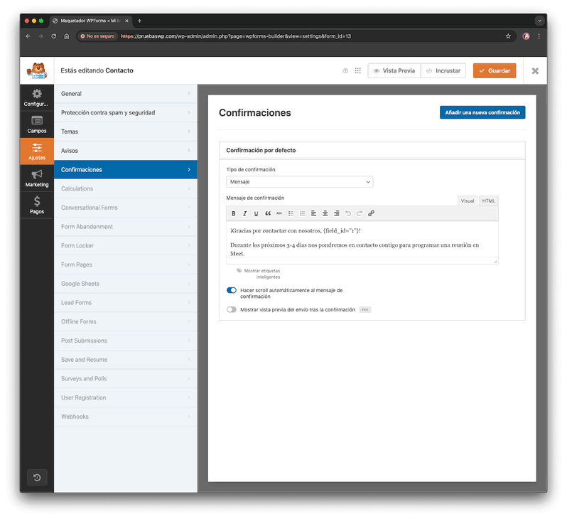 confirmaciones en WPForms