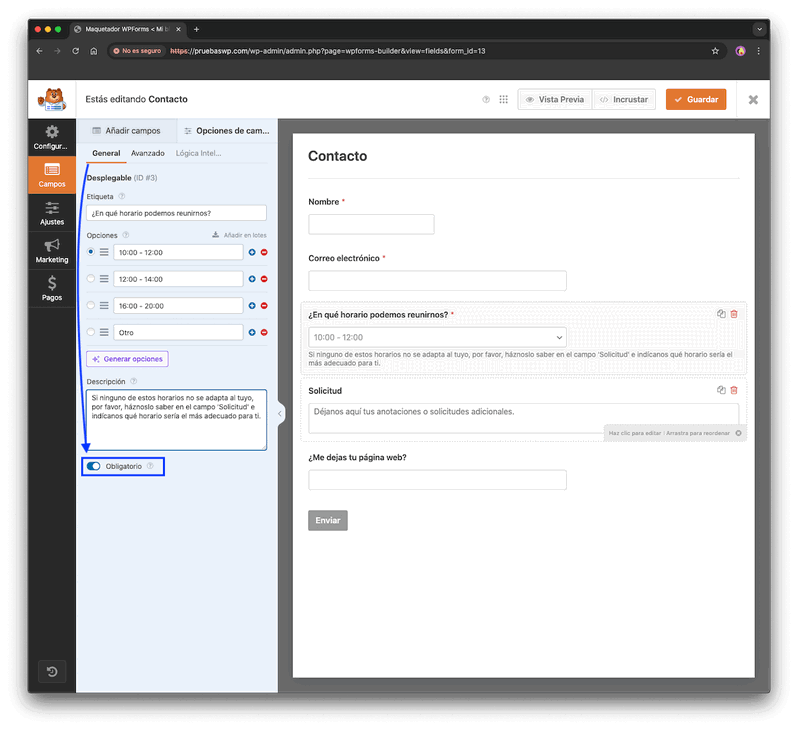 campos obligatorios en WPForms