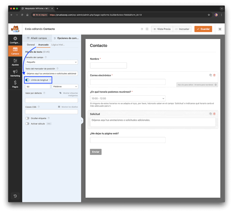 límite de longitud en campos de WPForms