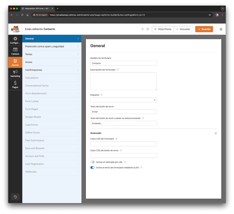 Ajustes del formulario en WPForms