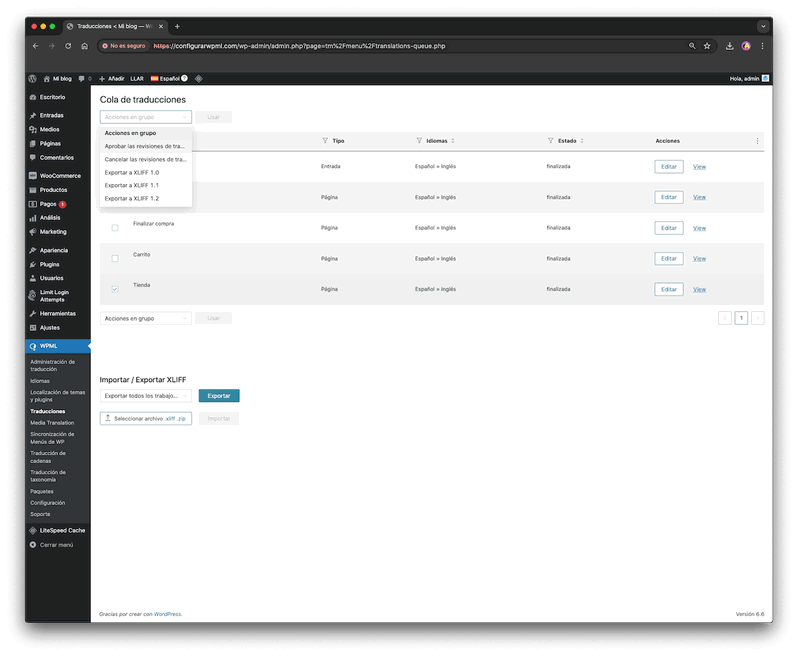 configuración de traducciones de WPML