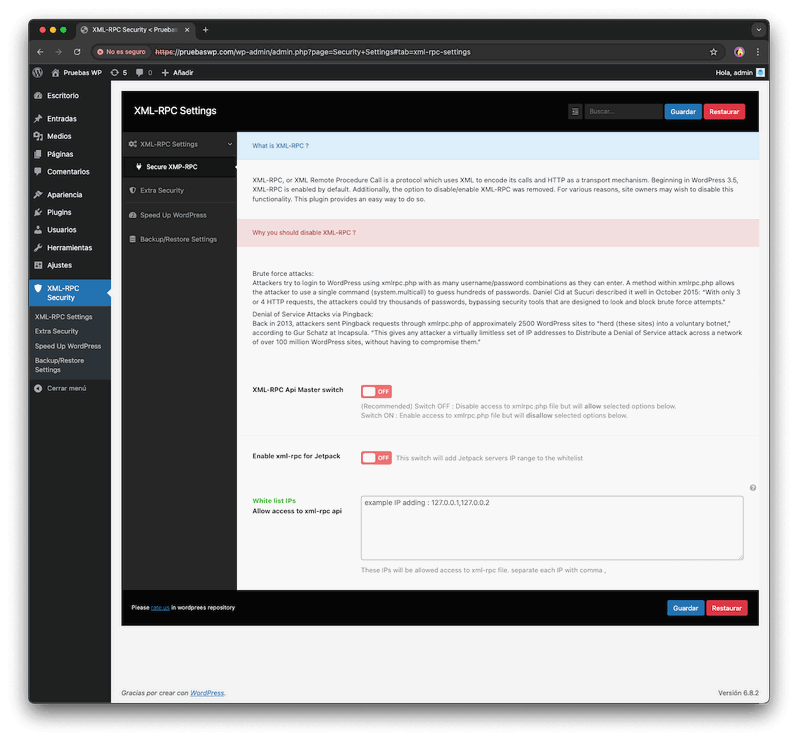 xmlrpc.php opción para añadir una excepción para Jetpack