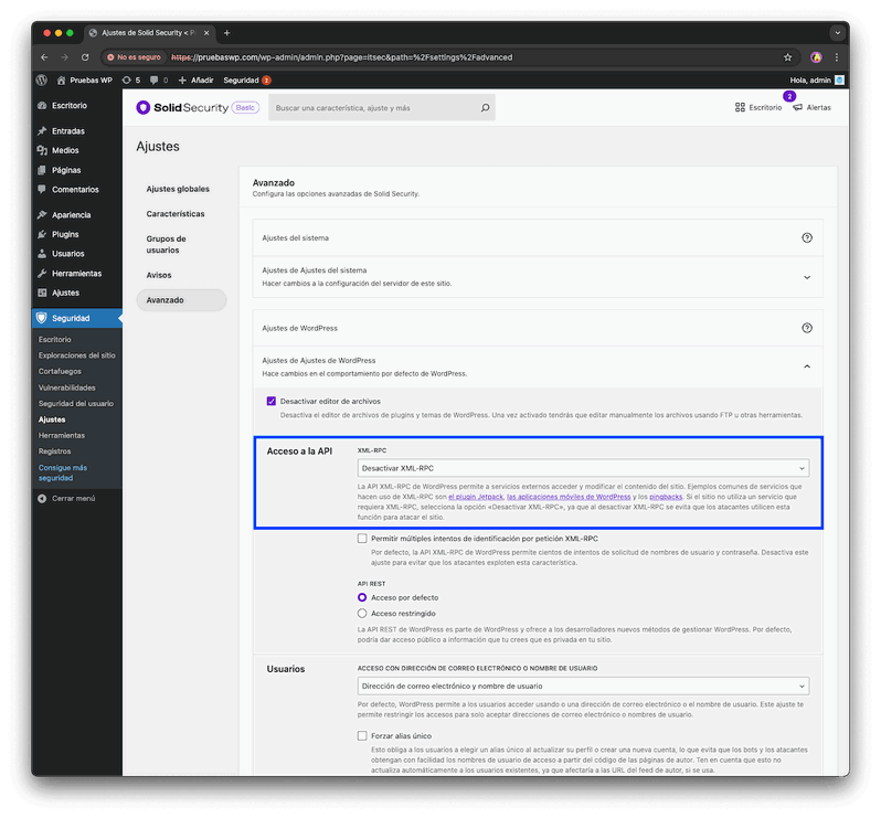 deshabilitar xmlrpc.php desde SolidSecurity