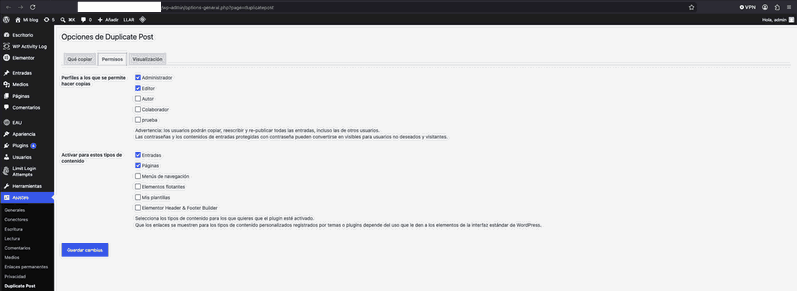 Pestaña "Permisos" de las opciones de Yoast Duplicate Post